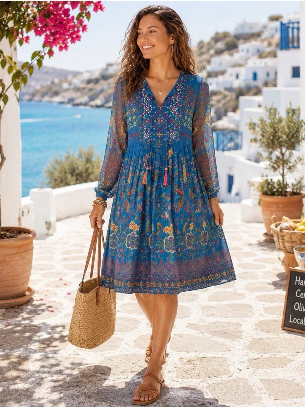 Soft Surroundings Mirapani Midi Dress M Embroidered Tassel Crinkled Chiffon Boho